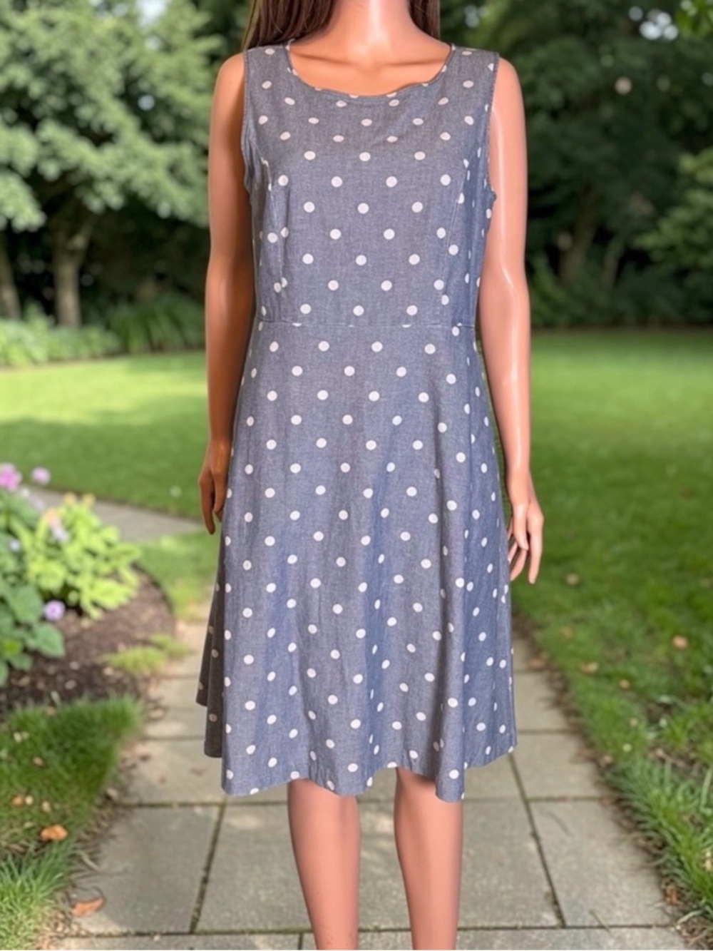 Talbots Petites 10P Polka Dot Cotton Dress Blue A-Line Pockets - Picture 8 of 8